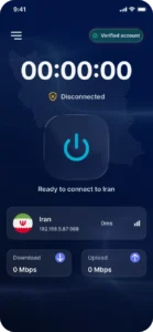 IP Iran VPN app home screen with a connect button and an Iran server ready to connect