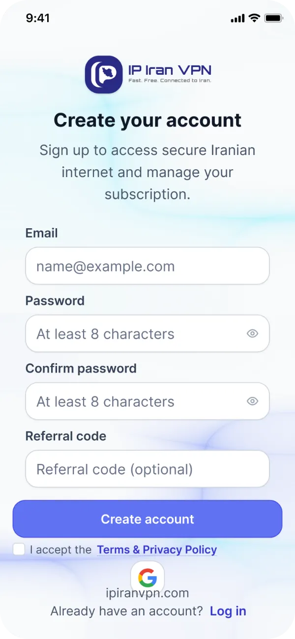 IP Iran VPN app sign-up screen to create an account with email and password