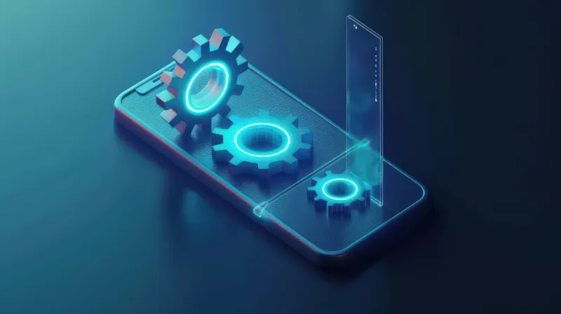 Smartphone with glowing gear and shield icons representing quick, easy setup