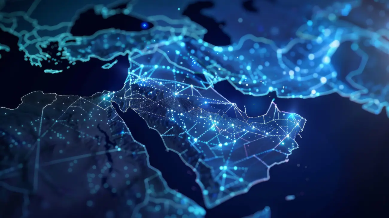 Glowing network map of Iran and the Middle East representing a real Iranian IP address