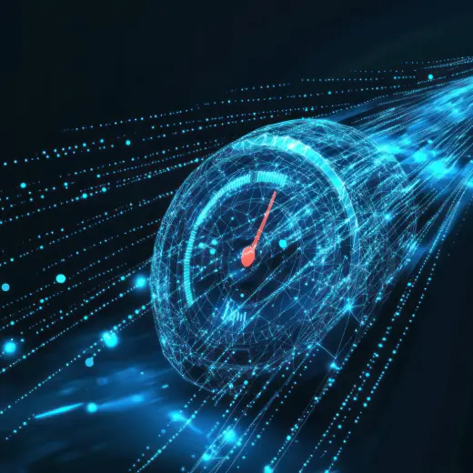 Futuristic speedometer with streams of light representing a fast, stable connection