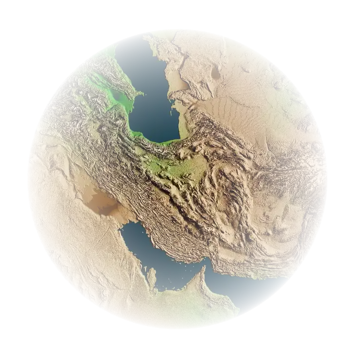 Satellite relief map of Iran with the Caspian Sea and the Persian Gulf